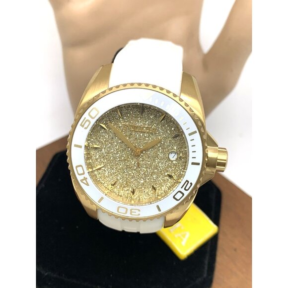 Invicta Women's Watch 22703 Angel Round Analog Date Gold Tone White Rubber Strap - Picture 1 of 13